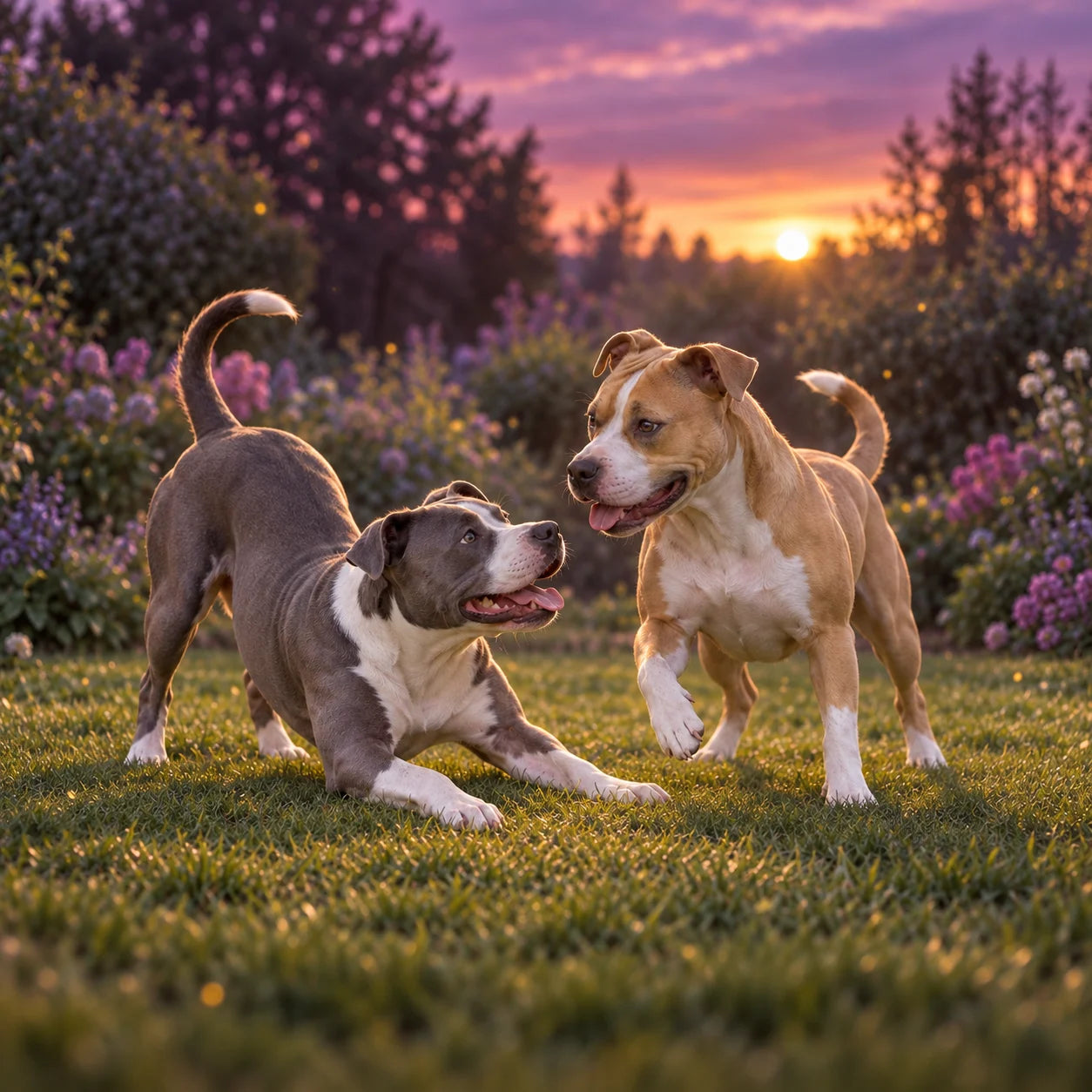 Dos perros de orejas naturales juegan juntos en un jardín al atardecer