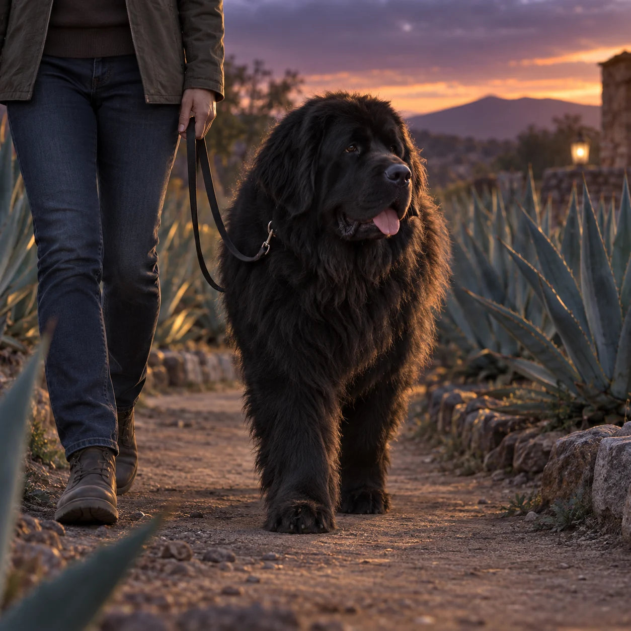 Un gran Terranova negro pasea con calma junto a su acompañante por un jardín de agaves