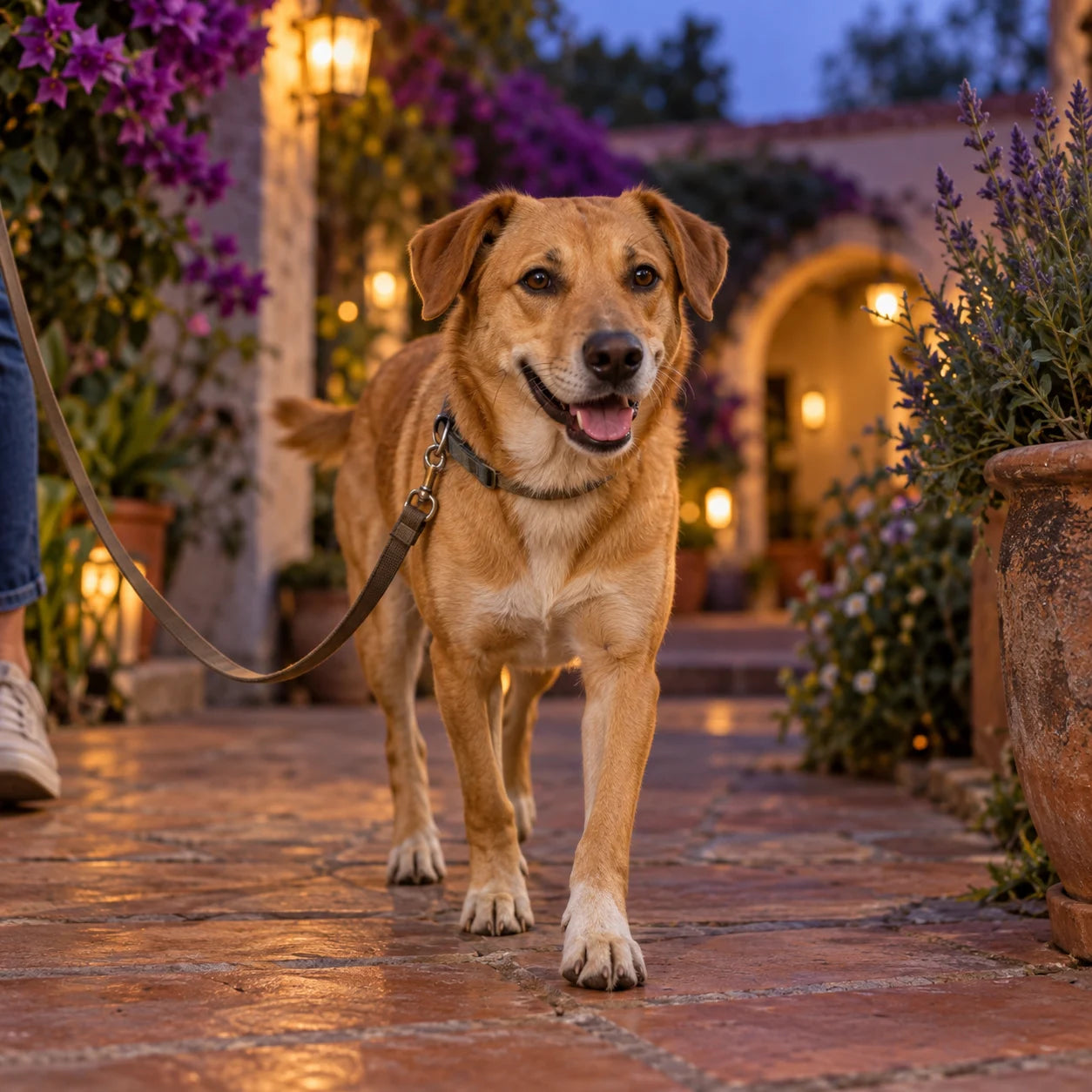 Un perro mestizo de pelaje caramelo disfruta un paseo tranquilo