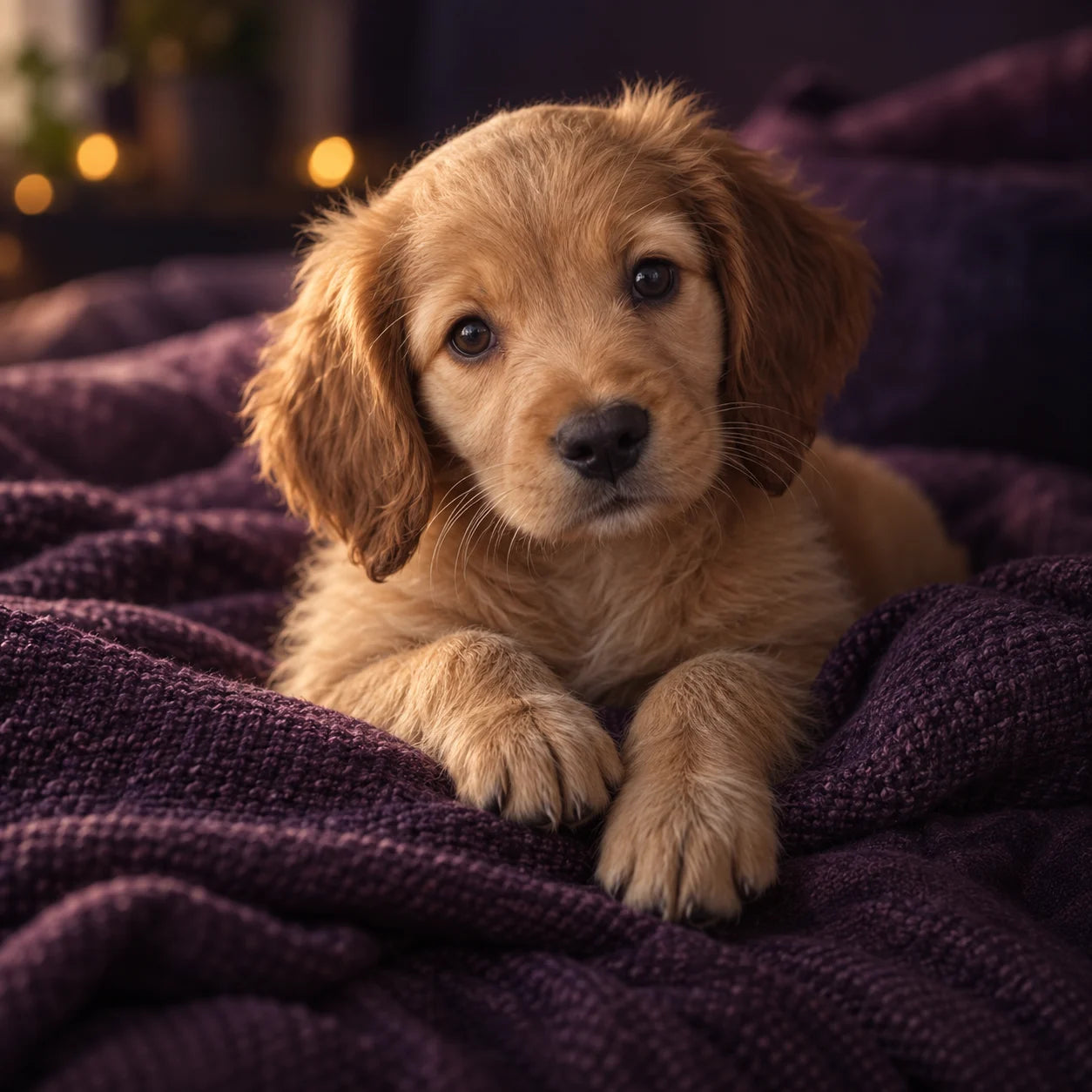 Un cachorro descansa sobre una manta violeta bajo una luz cálida