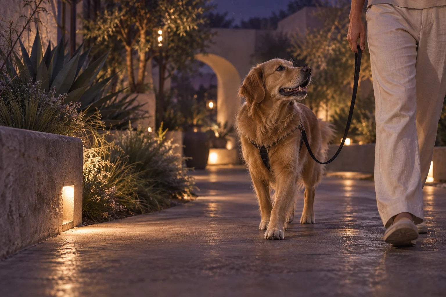 Un perro y su acompañante pasean por un jardín iluminado suavemente