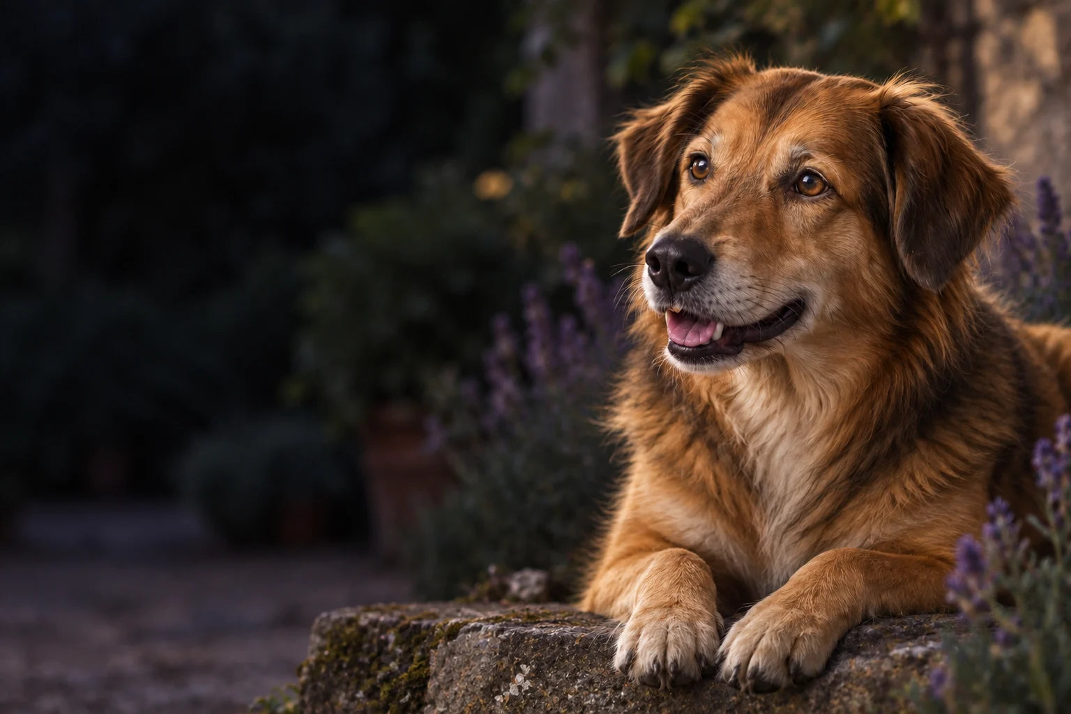 La mirada atenta de un perro bajo una luz suave al anochecer