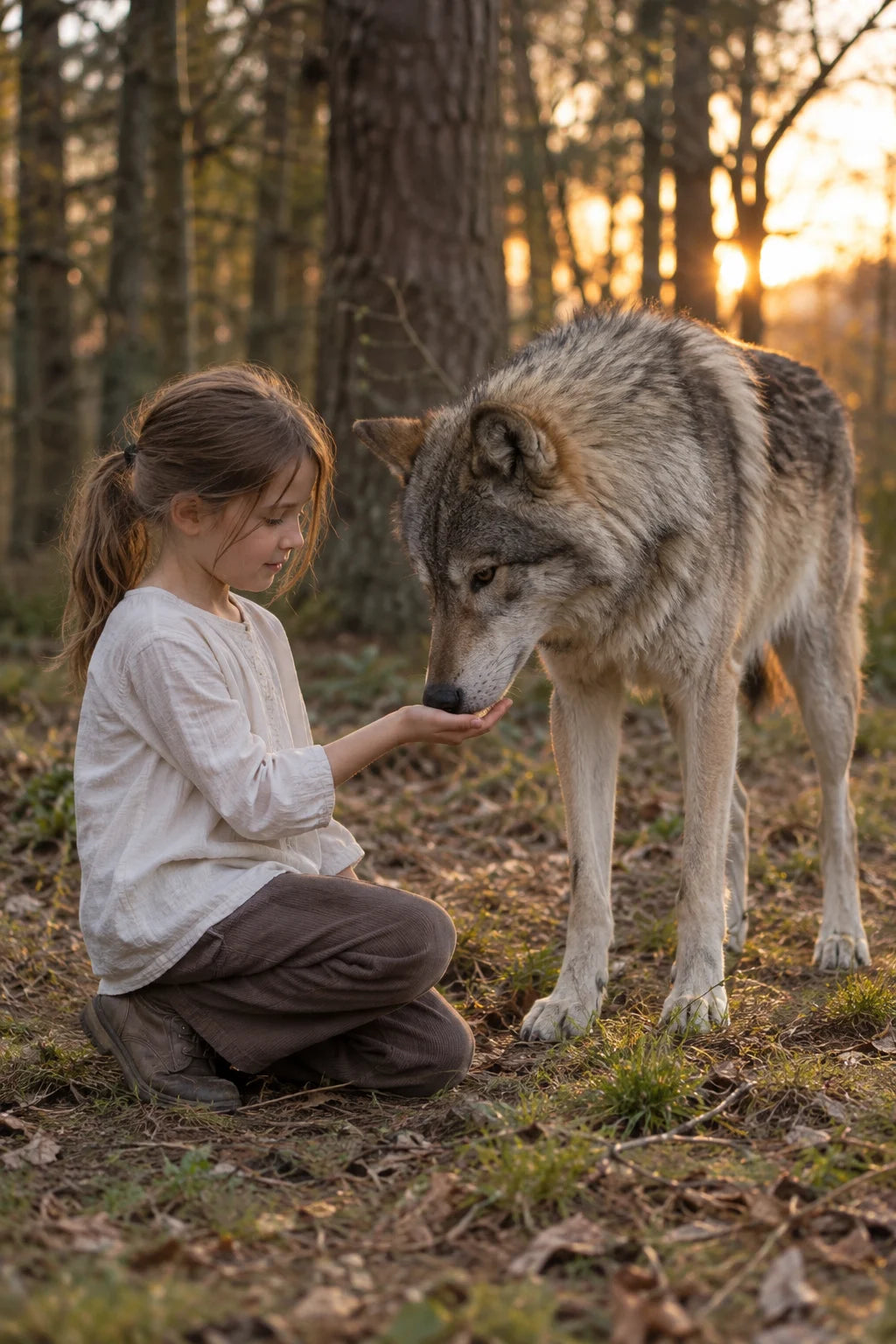 Escena simbólica de una niña y un lobo en un bosque, inspirada en la conexión entre personas y animales