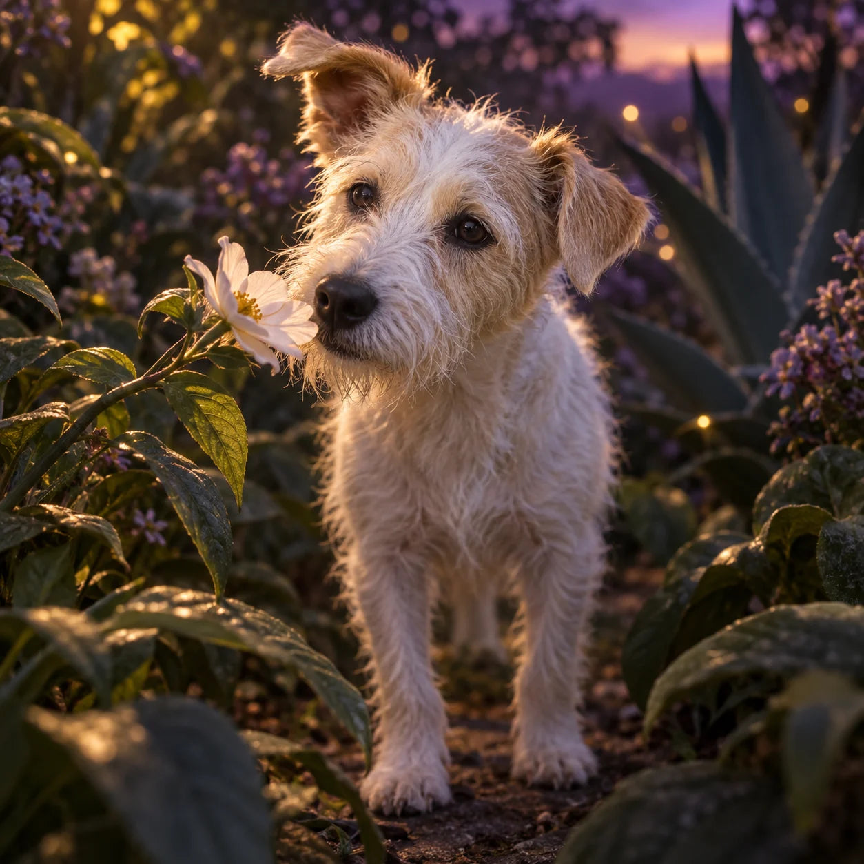 Un perro pequeño y curioso explora las flores y hojas de un jardín