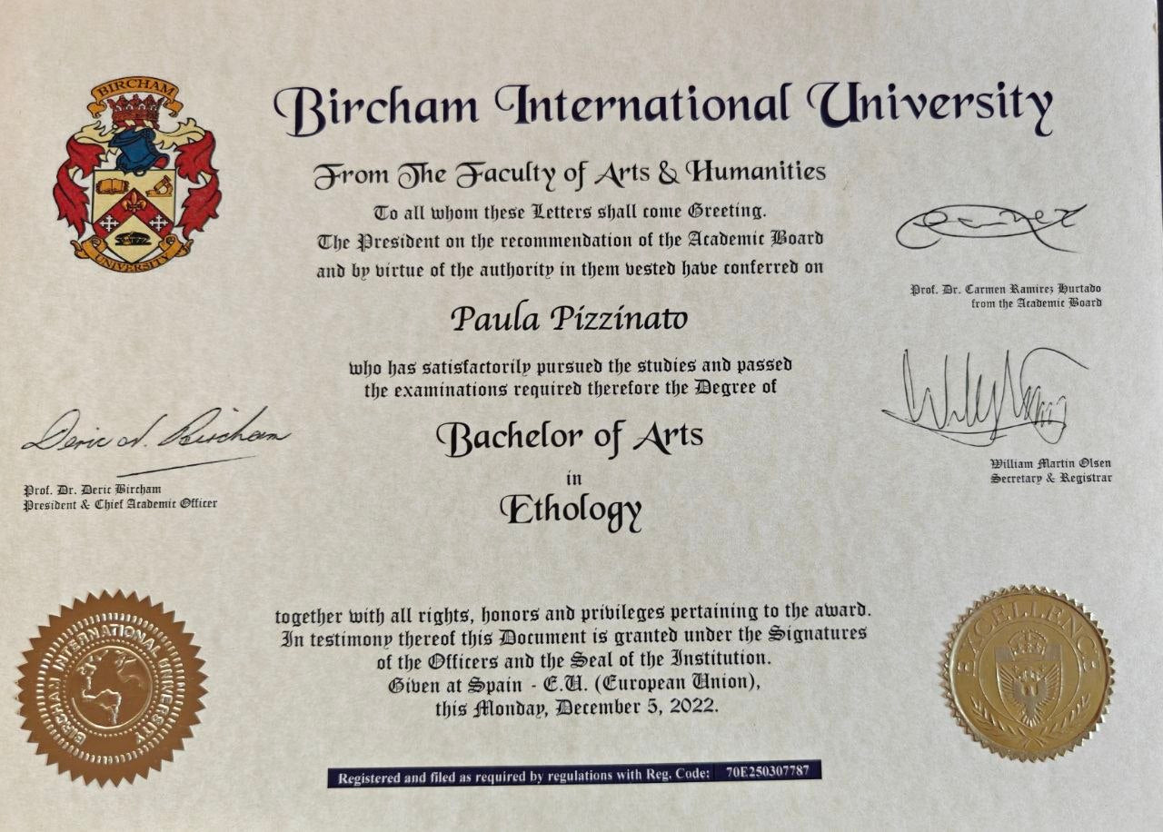 Diploma de Bachelor of Arts en Etología de Paula Pizzinato