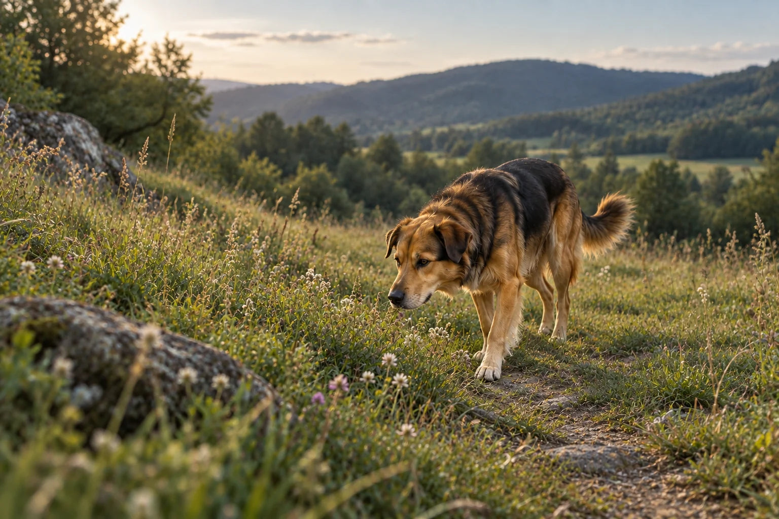 Un perro explora un prado bajo la luz natural del atardecer