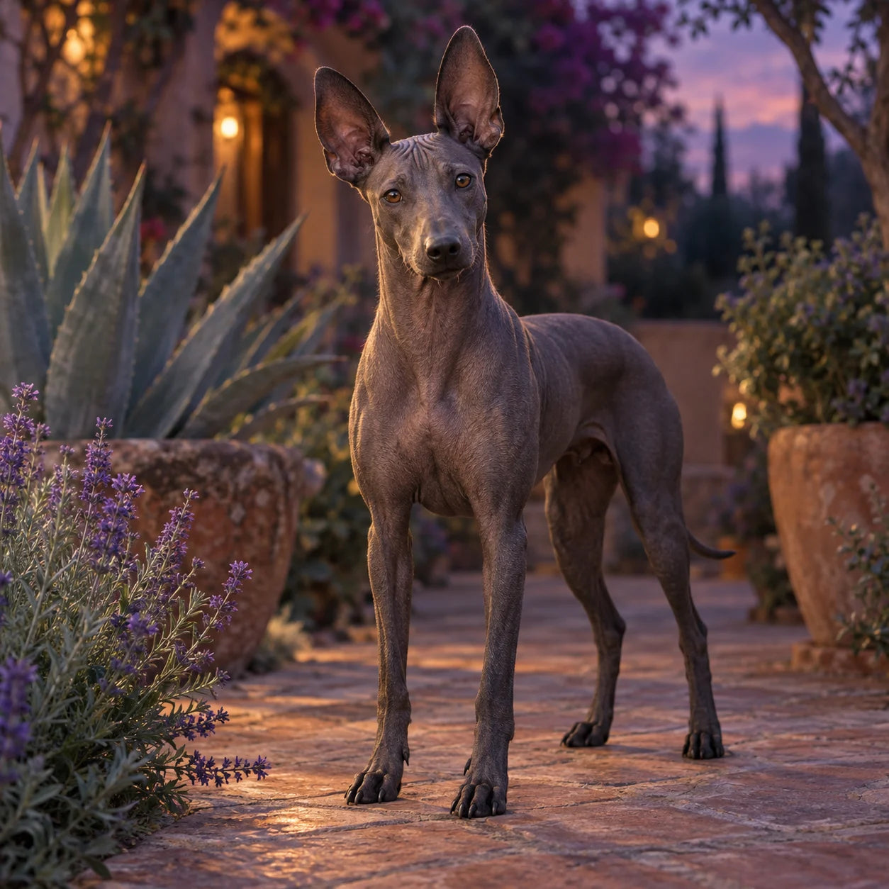 Un perro de piel oscura y orejas erguidas entre agaves y flores